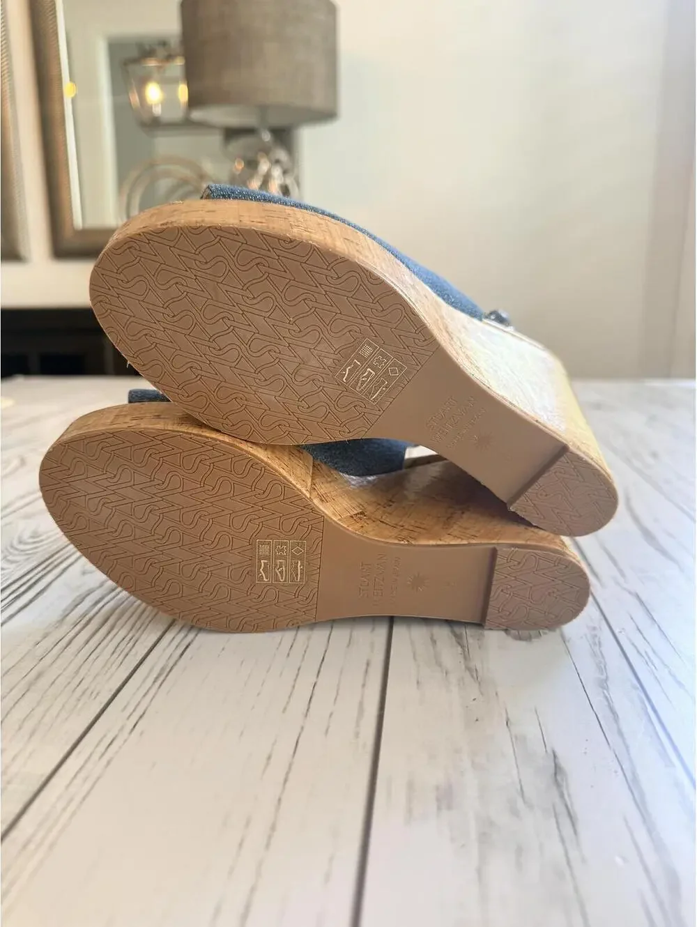 Stuart Weitzman Women's Size 6 Jean Denim Cork Wedge Peep Toe Slingback Sandals - Picture 14 of 15